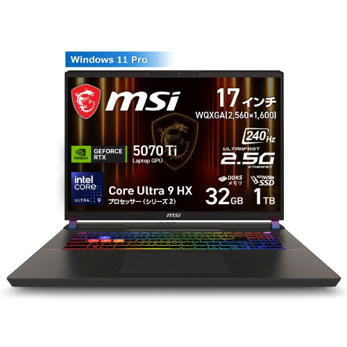 ゲーミングノート Vector-17-HX-AI-A2XWHG-6369JP [17型 /Core Ultra 9 275HX /RTX5070Ti /RAM:32GB /SSD:1TB /Windows 11 Pro /コスモスグレイ]